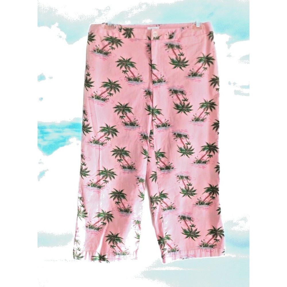 Liz Claiborne  Petite 10P  Audra Pink with Palm Trees Cropped Pants 10 Petite
